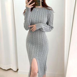 Slit-hem Cable Knit Midi Sweater Dress