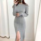 Slit-hem Cable Knit Midi Sweater Dress