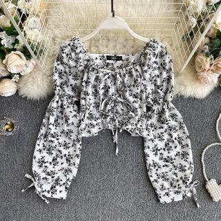 Puff-sleeve Lace-up Strap Square-neck Floral Chiffon Top