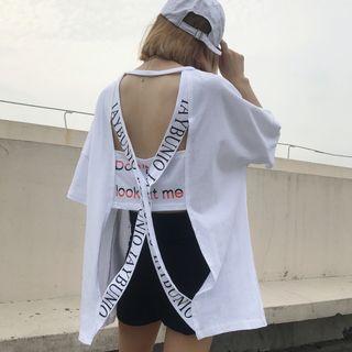 Short-sleeve Lettering Backless T-shirt