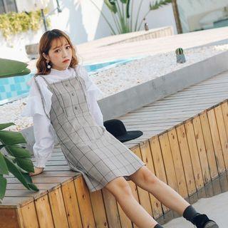 Set: Ruffle-trim Shirt + Plaid Pinafore Dress