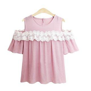 Elbow-sleeve Cutout Lace-trim Top