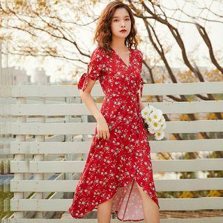Short-sleeve Floral Print Irregular Hem Midi Dress