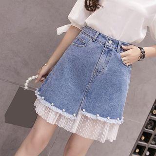 Asymmetric Panel Mesh High-waist Denim Skirt