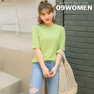 Plus Size Elbow-sleeve Ribbed T-shirt