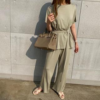 Self-tie Top & Wide-leg Pants Set
