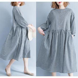 Plaid 3/4-sleeve A-line Dress Black - One Size