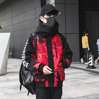 Lettering Camo Panel Hooded Down Jacket