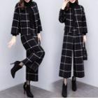 Set: Plaid Open-front Jacket + Wide-leg Cropped Pants