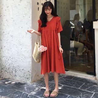 Elbow-sleeve Frill Trim Midi Dress