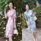 Traditional Chinese Elbow-sleeve Floral Chiffon Dress