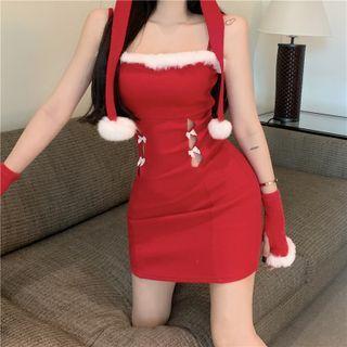 Spaghetti Strap Fluffy Trim Cutout Mini Bodycon Dress