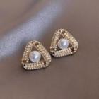 Rhinestone Faux Pearl Triangle Stud Earring 1 Pair - S925 Silver Needle - White Faux Pearl - Gold - One Size
