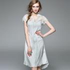 Short-sleeve Embroidery Feather Silk Dress