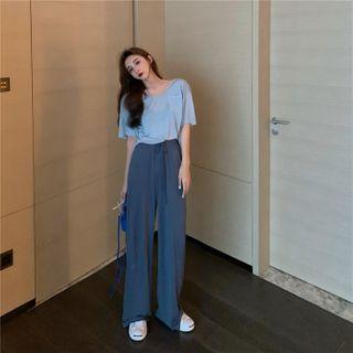Plain Short-sleeve Pocket T-shirt / Drawstring-waist Wide-leg Pants