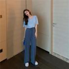 Plain Short-sleeve Pocket T-shirt / Drawstring-waist Wide-leg Pants