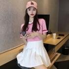 Contrast Trim Short-sleeve T-shirt / High Waist Pleated Skirt