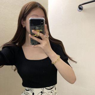 Short-sleeve Square-neck Plain T-shirt Black - One Size