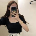 Short-sleeve Square-neck Plain T-shirt Black - One Size