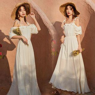 Off-shoulder Dotted Ruffled Midi A-line Dress