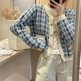 Long-sleeve Plaid Contrast-trim Cardigan Blue - One Size
