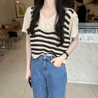 Short-sleeve Crew Neck T-shirt / Sleeveless Striped Crochet Knit Top