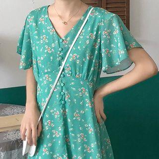 Floral Print Chiffon Bell-sleeve Midi Dress Green - One Size