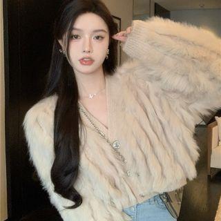 V-neck Fluffy Cropped Jacket Almond - One Size