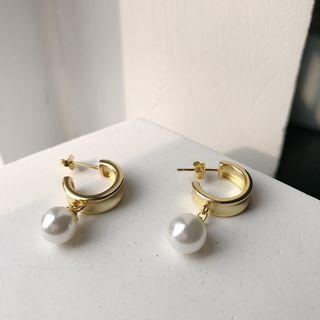 925 Sterling Silver Faux Pearl Dangle Earring E219 - Ear Stud - 1 Pair - Open Hoop & Faux Pearl - Gold - One Size