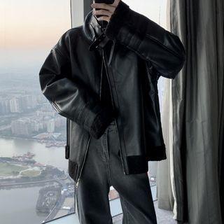 Fleece Panel Faux Leather Zip-up Jacket