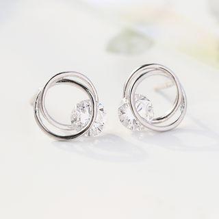 925 Sterling Silver Rhinestone Interlocking Hoop Earring 1 Pair - Silver - One Size