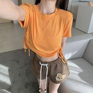 Short-sleeve Plain Round-neck Drawstring T-shirt