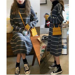 Long-sleeve Turtleneck Striped Knit Midi Dress