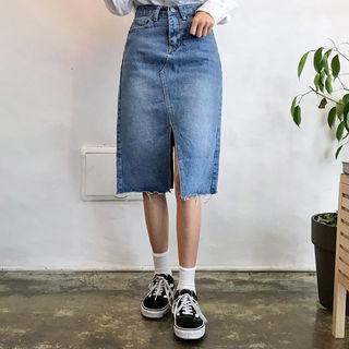 Slit Fray-hem Washed Denim Midi Skirt