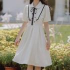 Elbow-sleeve Collar Contrast Trim Midi A-line Dress