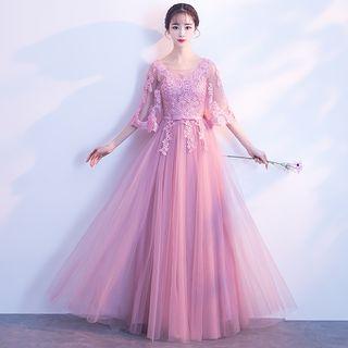 Crochet Trim Elbow Sleeve Bridesmaid Dress