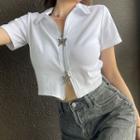 Short-sleeve Collared Zip Crop Top White - One Size