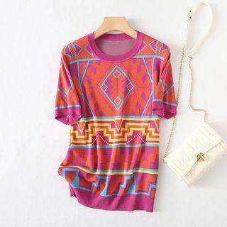 Short-sleeve Patterned Knit Top Rose Pink - One Size
