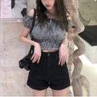 Plaid Off-shoulder Puff-sleeve Cropped Blouse Plaid - Black - One Size