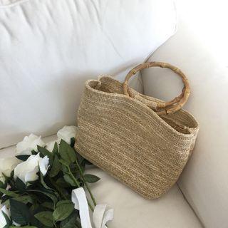 Set: Woven Round Handle Handbag + Zip Pouch Brown - One Size