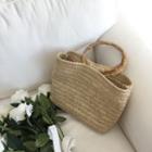 Set: Woven Round Handle Handbag + Zip Pouch Brown - One Size