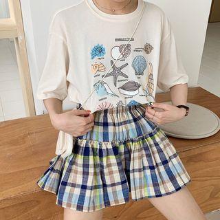 Print Elbow-sleeve T-shirt / Plaid Mini Pleated Skort