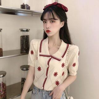 Short-sleeve Floral Embroidered Collared Button-up Knit Top Red & Off-white - One Size