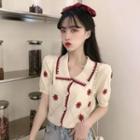 Short-sleeve Floral Embroidered Collared Button-up Knit Top Red & Off-white - One Size