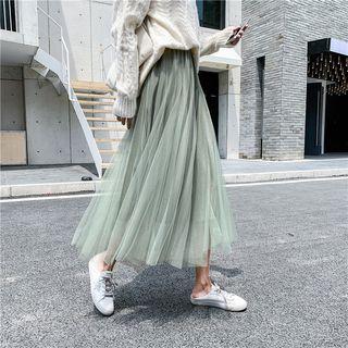 Mesh Overlay A-line Midi Velvet Skirt
