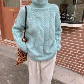 Long-sleeve High-neck Cable Knit Sweater