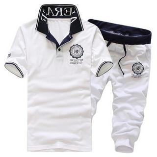 Set: Short-sleeve Lettering Polo-shirt + Drawstring Sweatpants