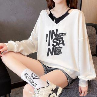 Mock Two-piece Long-sleeve V-neck Lettering Sweatshirt