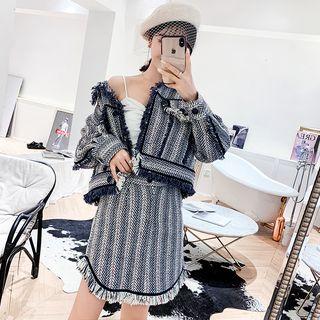 Set: Herringbone Fringed Buttoned Jacket + Asymmetrical A-line Skirt