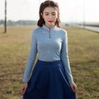 Long-sleeve Embroidery Stand-collar Top